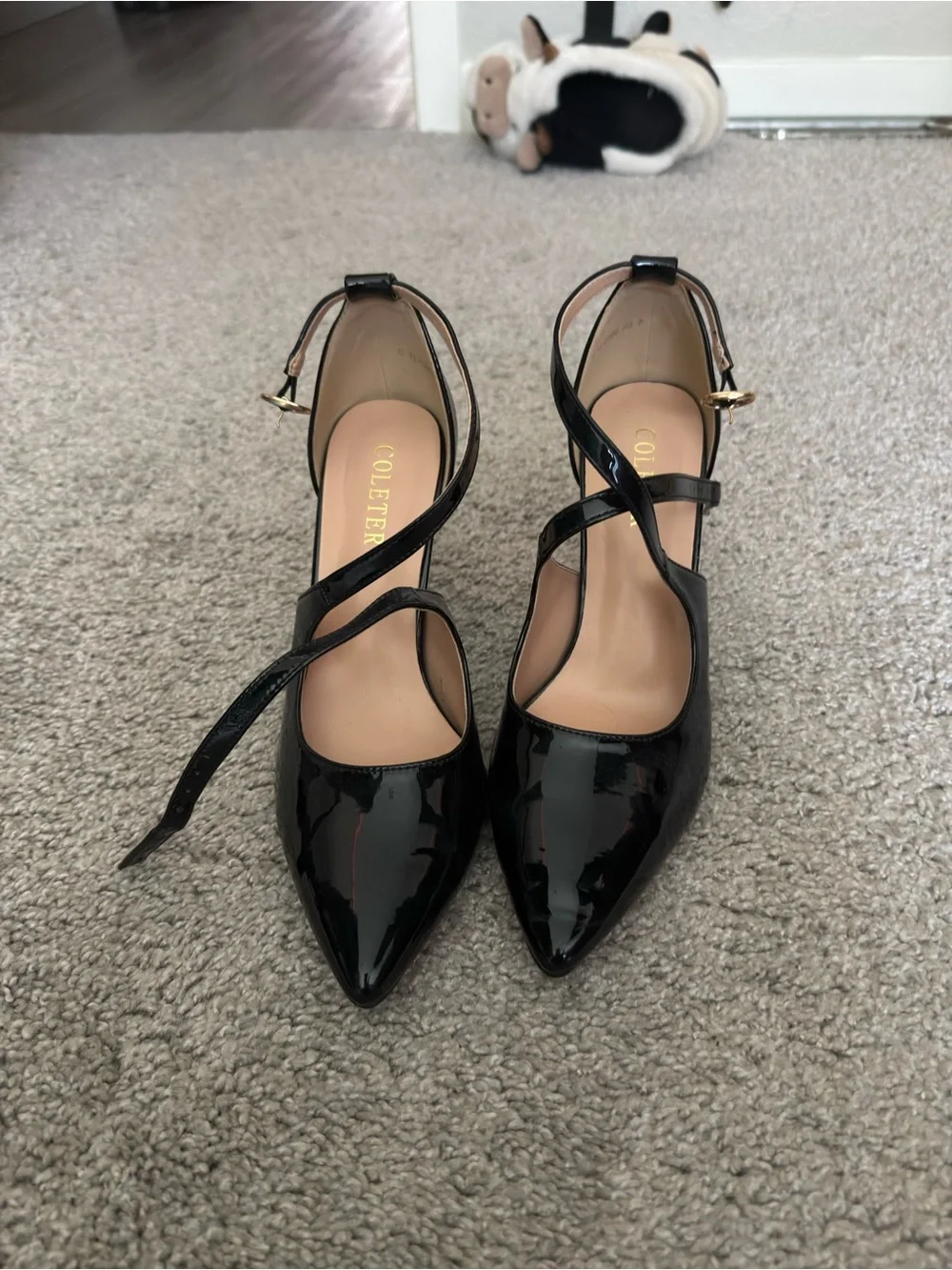 Black Patent Pointed Toe Crisscross Ankle Strap Heels